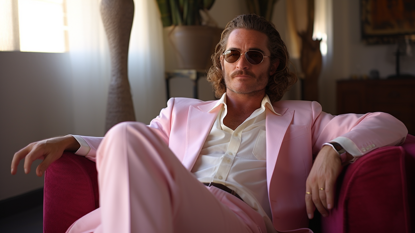 Actor Joaquin Phoenix in Miami Vice-style white suit