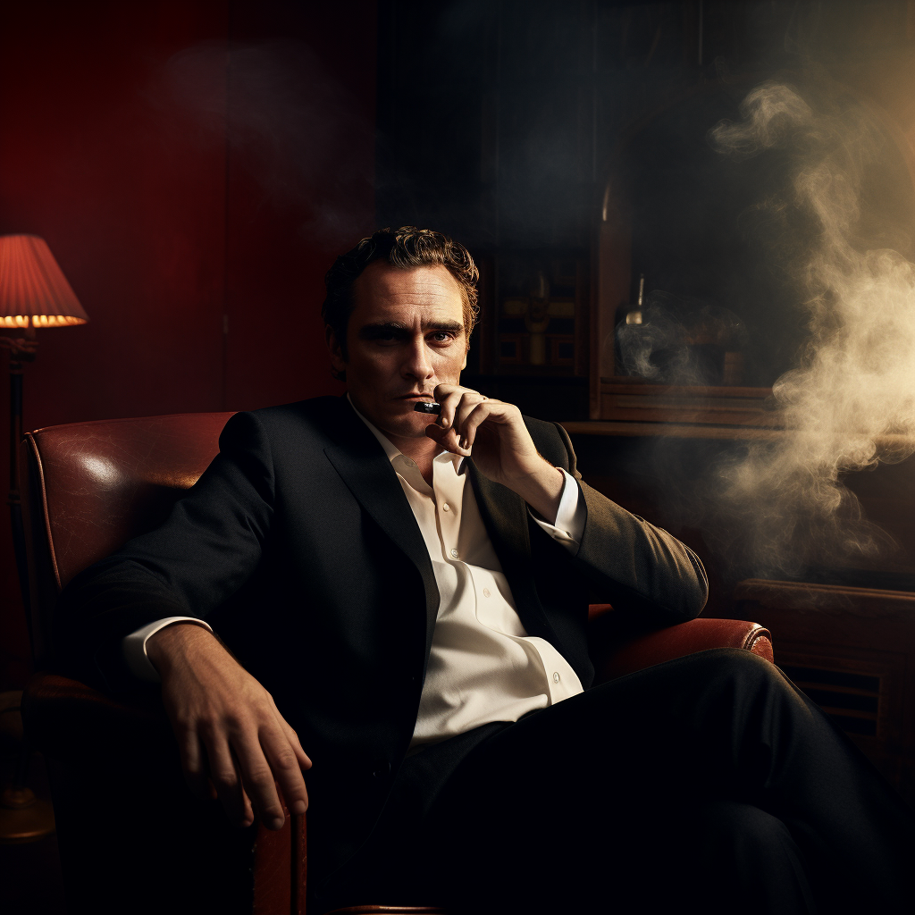 Joaquin Phoenix smoking cigarette in dimly lit room