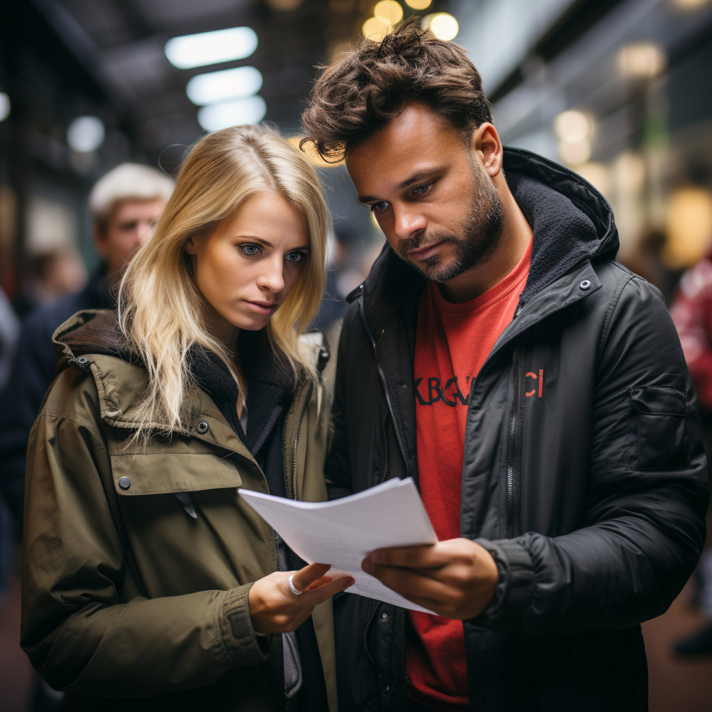 Young homeless man and woman examining job expo flyer