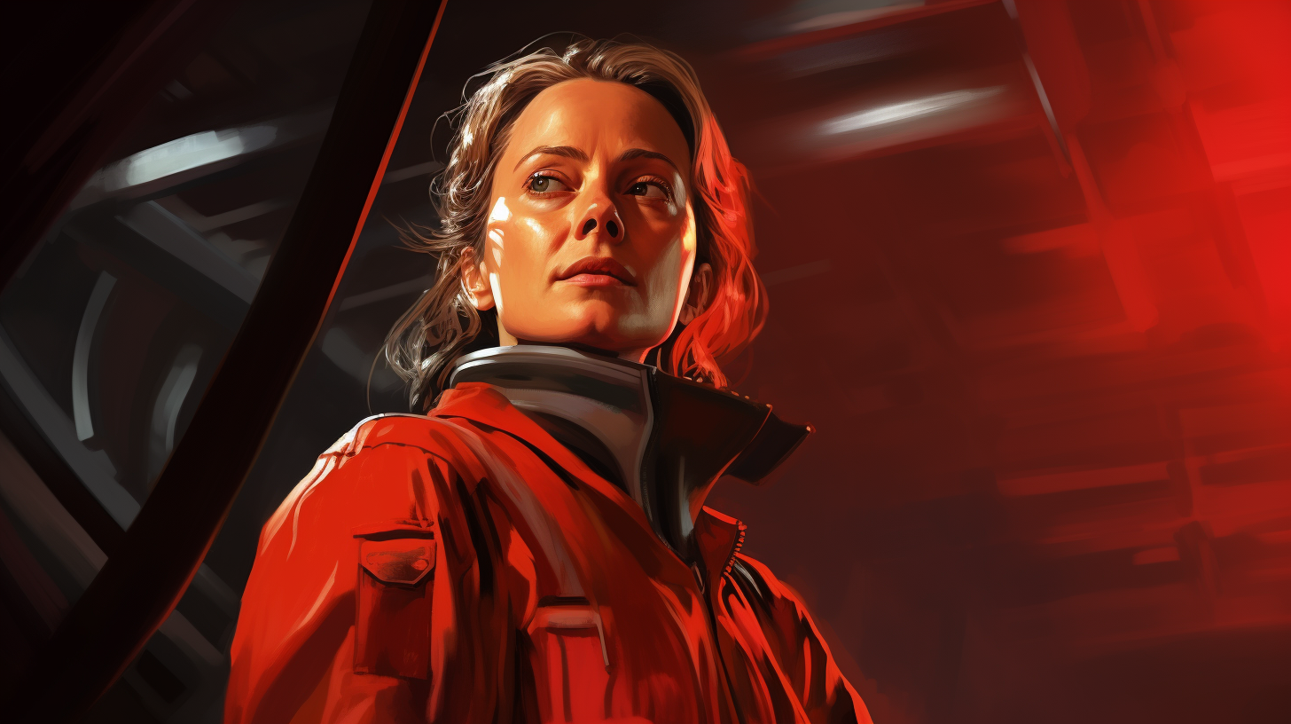 Jodie Foster in red overall, alien movie style