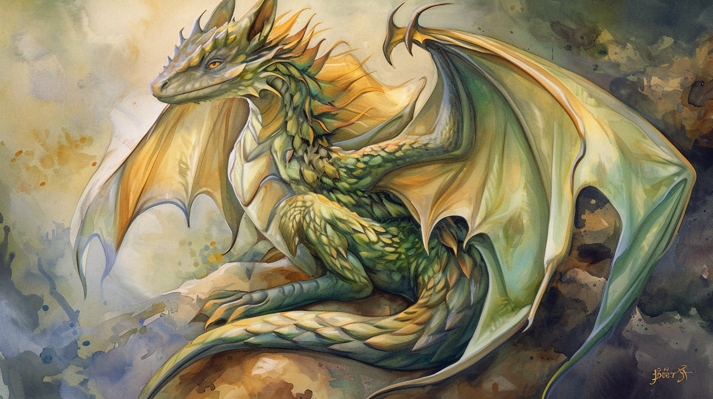 Green-yellow feathered snake dragon painting