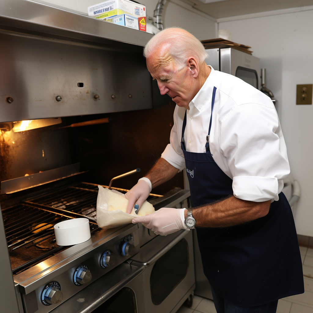 Joe Biden wearing apron heating food