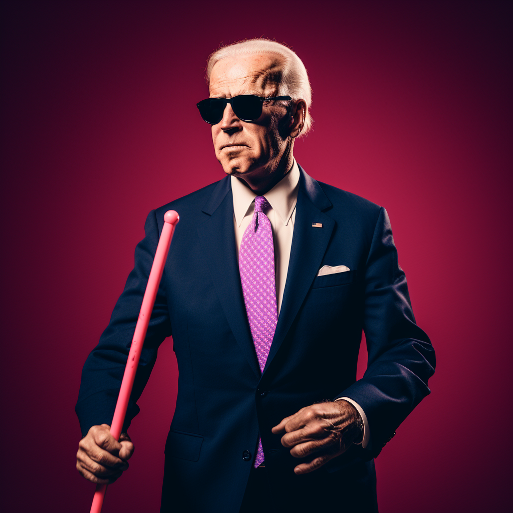 Joe Biden with sunglasses and blind walking stick