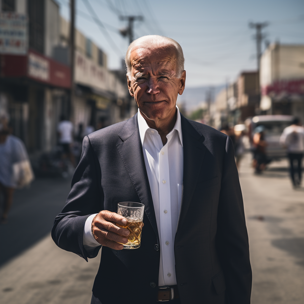 Joe Biden holding small glass of tequila in Mexico