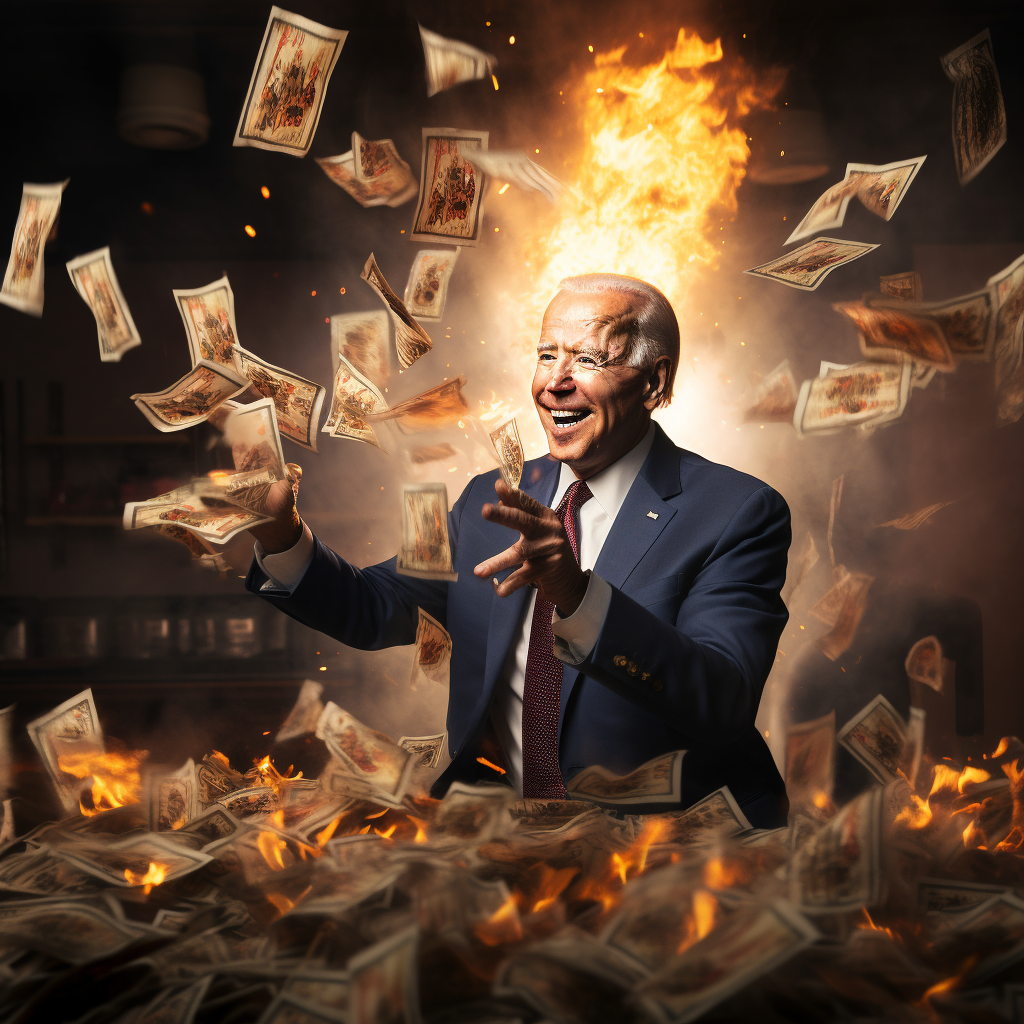 Joe Biden throwing money in fire