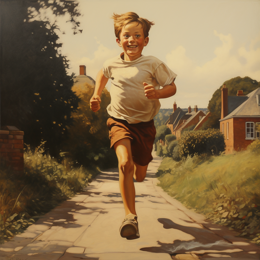 Happy boy jogging on a circular road