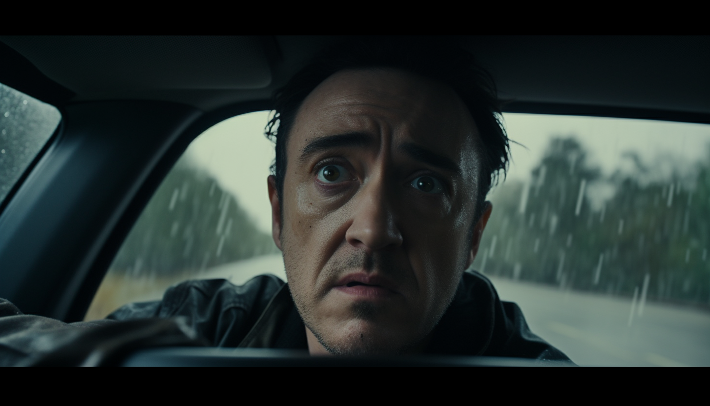 Close-up shot of John Cusack driving in cloudy weather