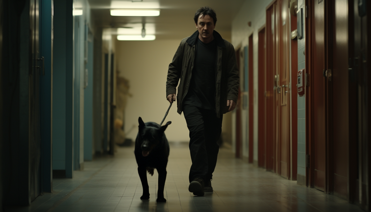 John Cusack walking with husky silver labrador