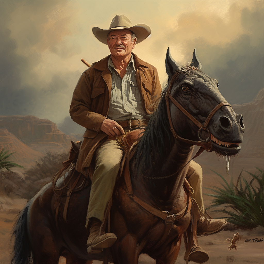 John Wayne riding a dinosaur