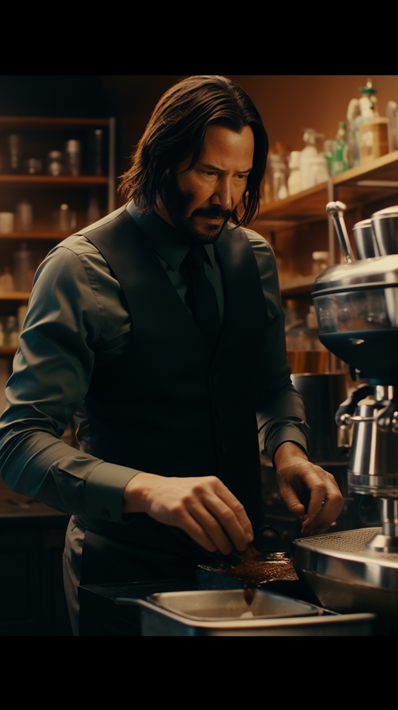 John Wick making coffee at Starbucks