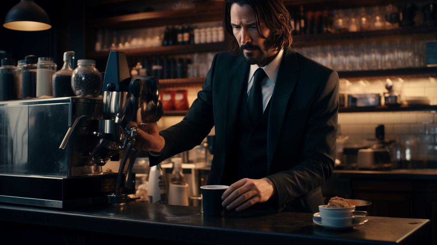 John Wick making coffee at Starbucks