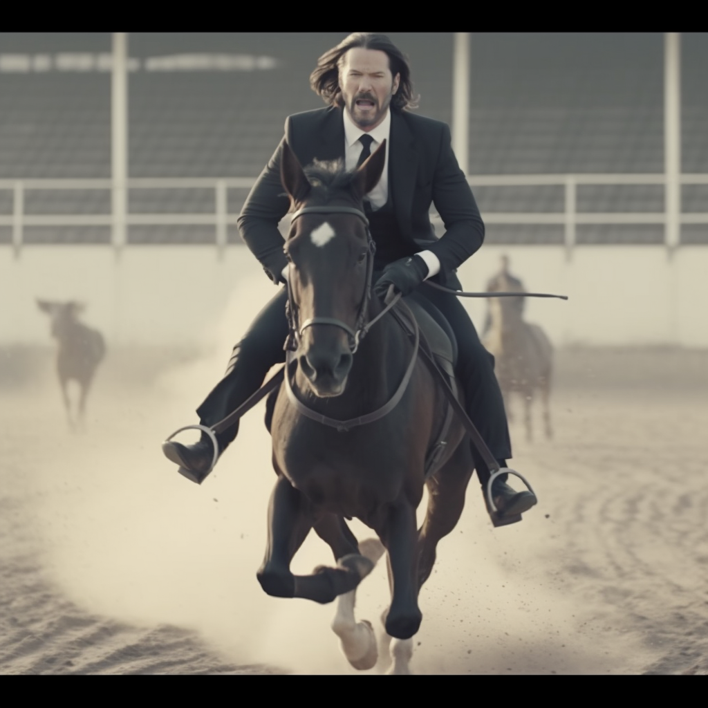 John Wick riding a dog in a horse race