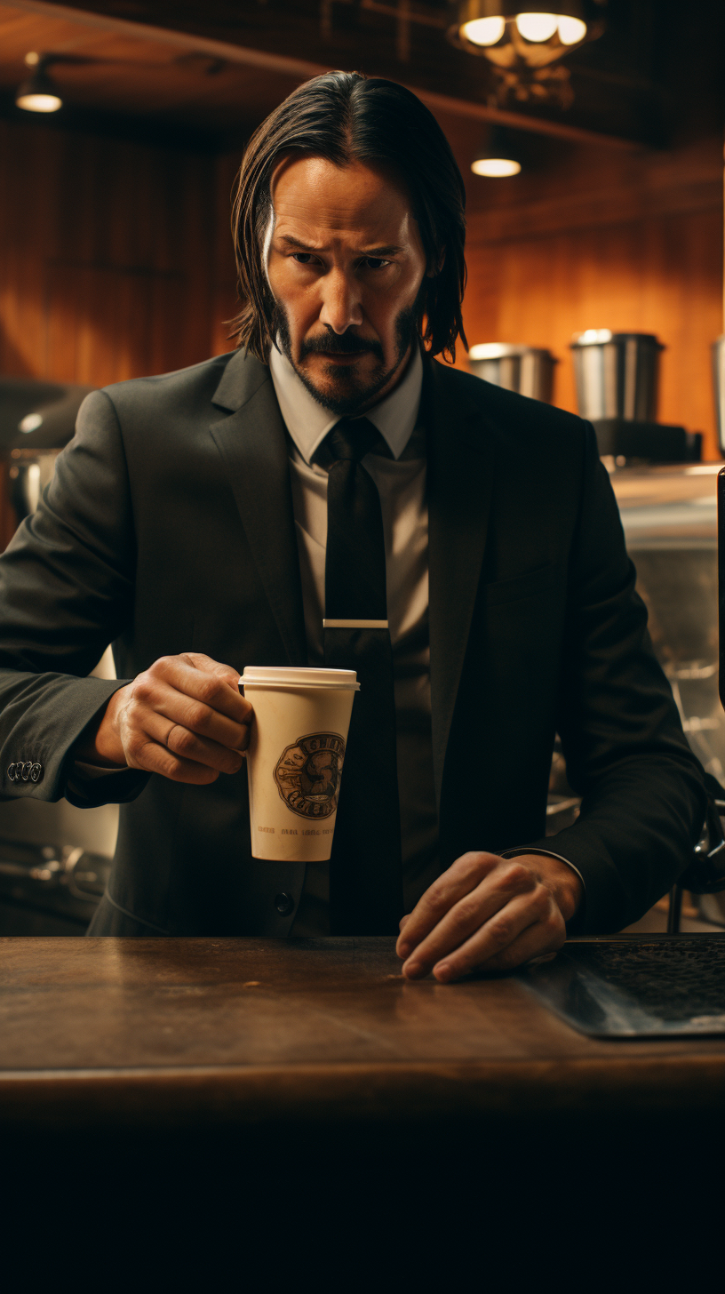 John Wick making coffee at Starbucks