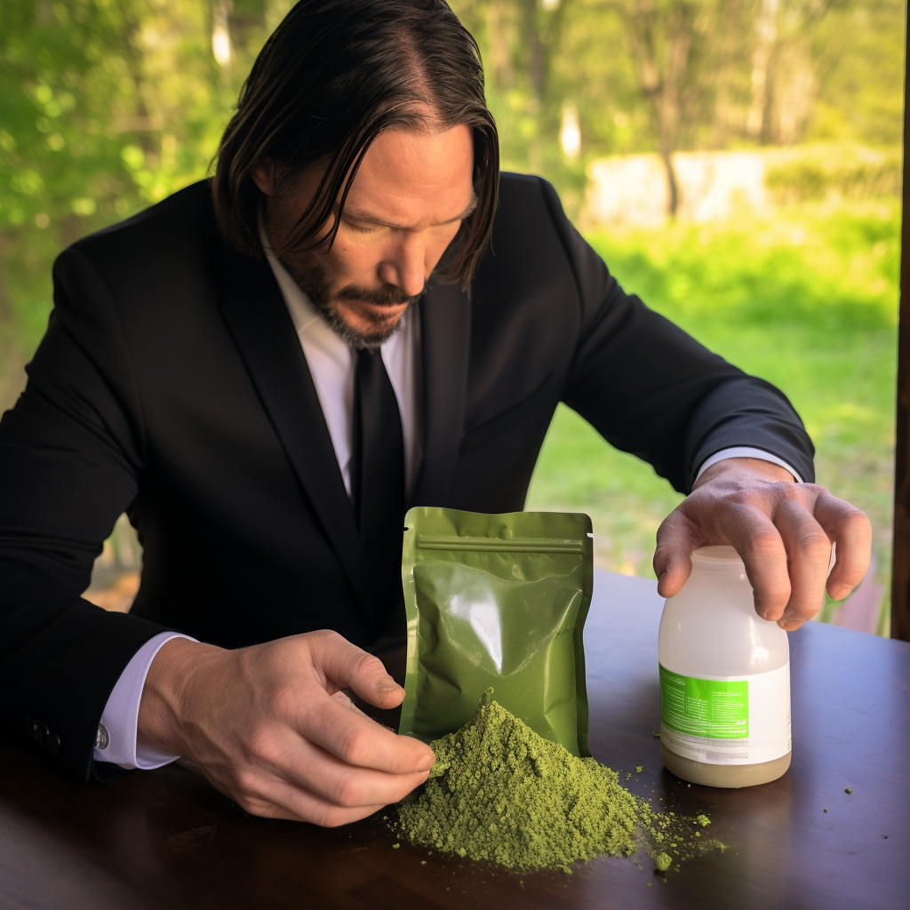 John Wick pouring kratom powder bag