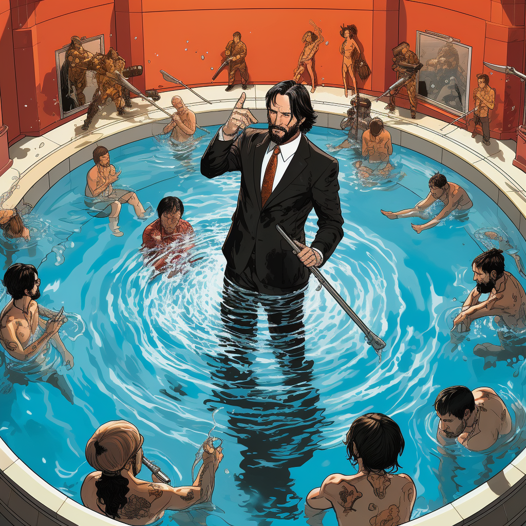 John Wick bravely standing in swimming pool