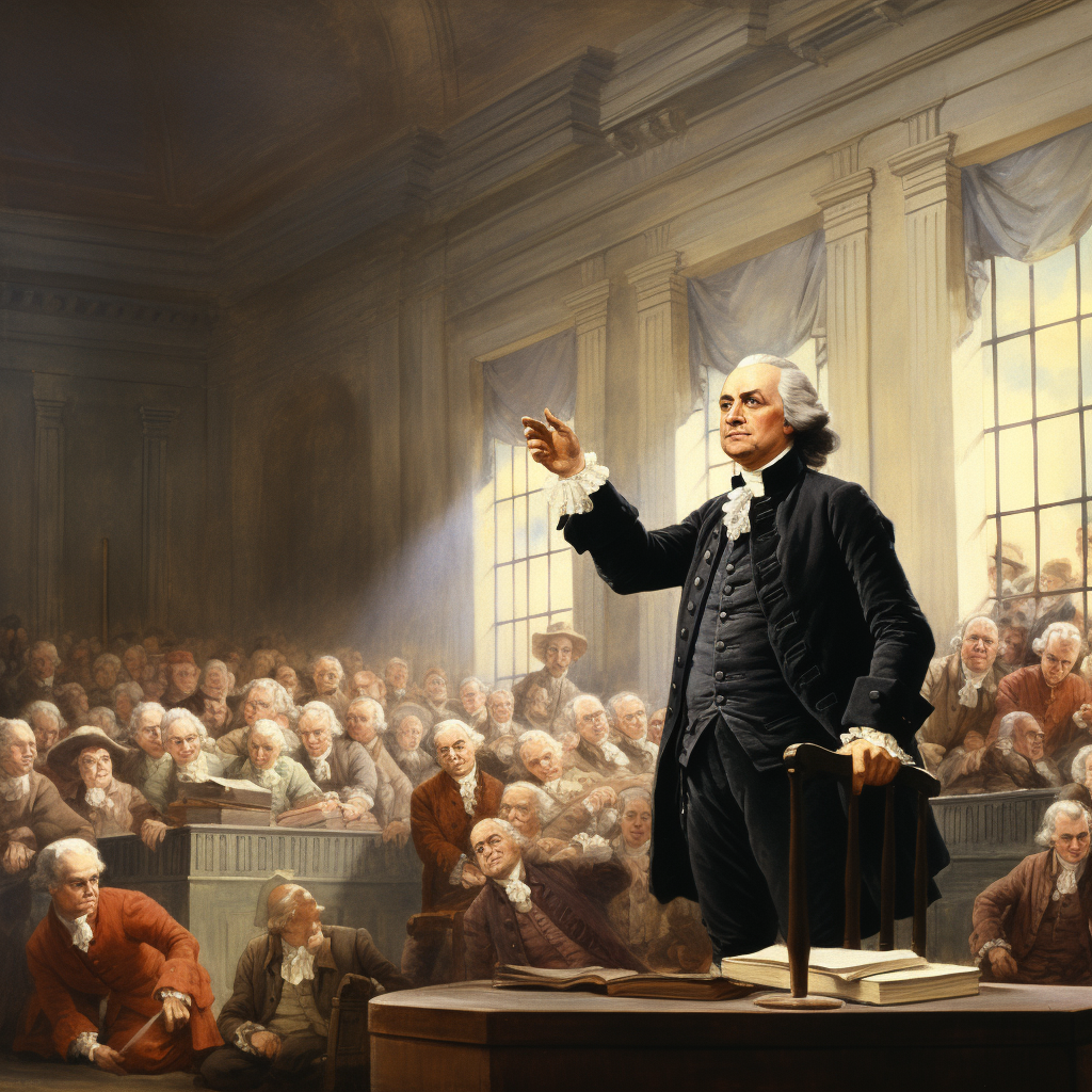 John Adams giving serious speech to Congress