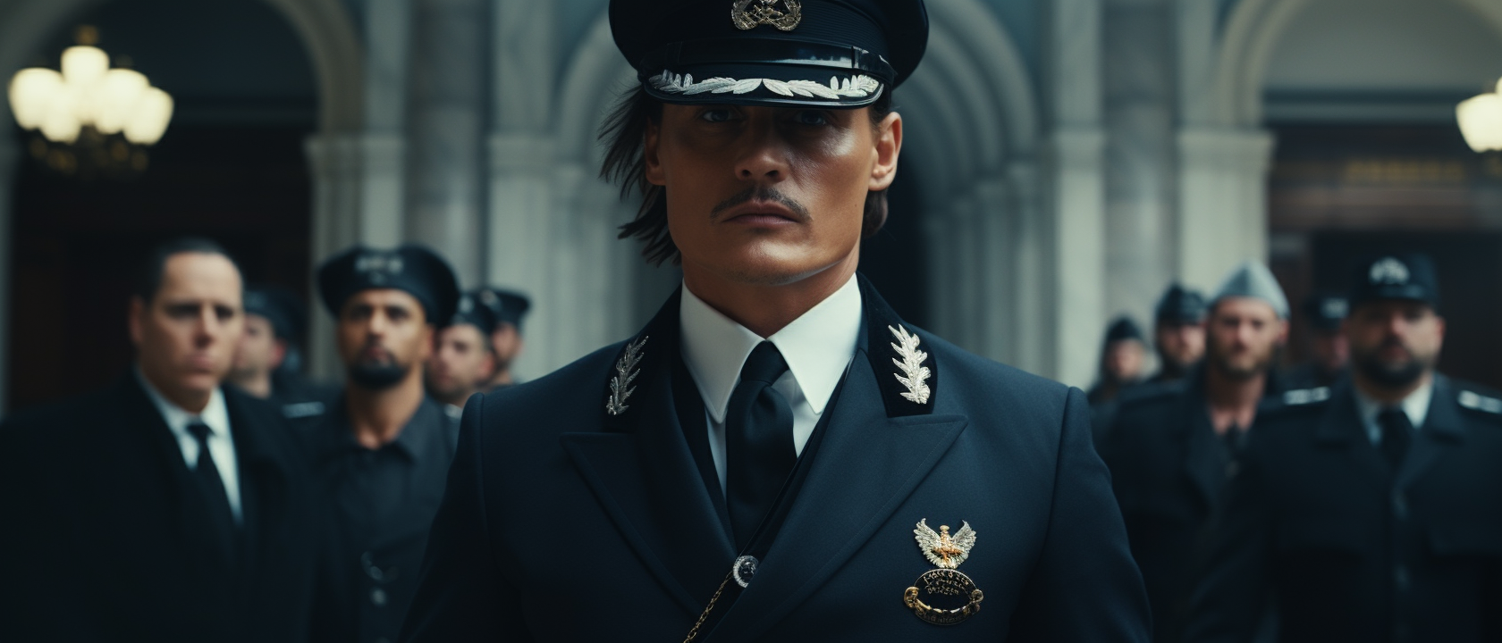 Johnny Depp wearing black uniform, holding a bow