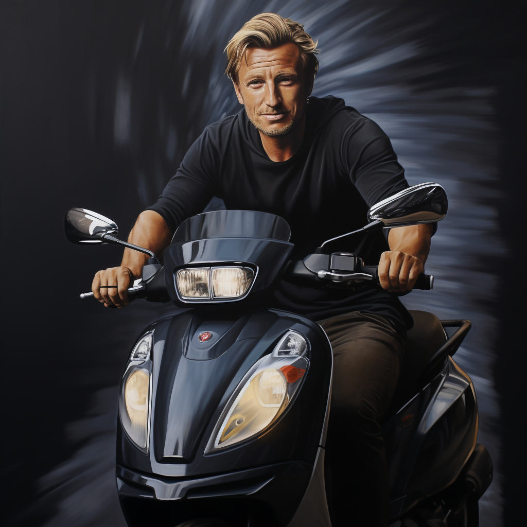 Johnny Hallyday driving a black Piaggio MP3