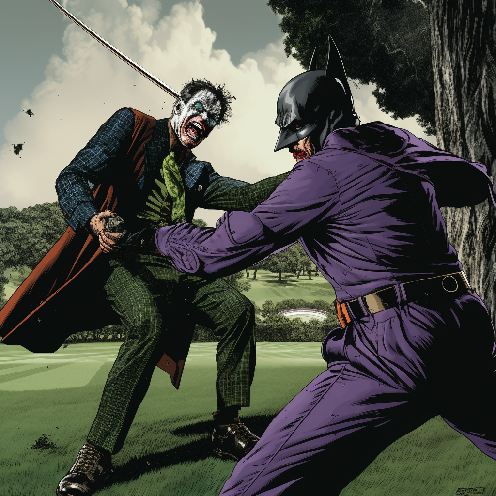 Batman punching Joker on golf course