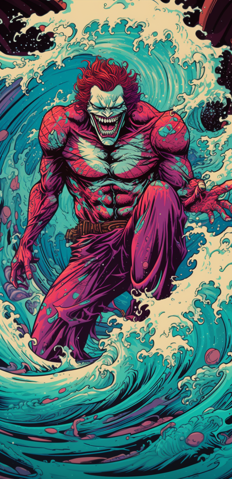 Joker surfing on a shark in vibrant comic style