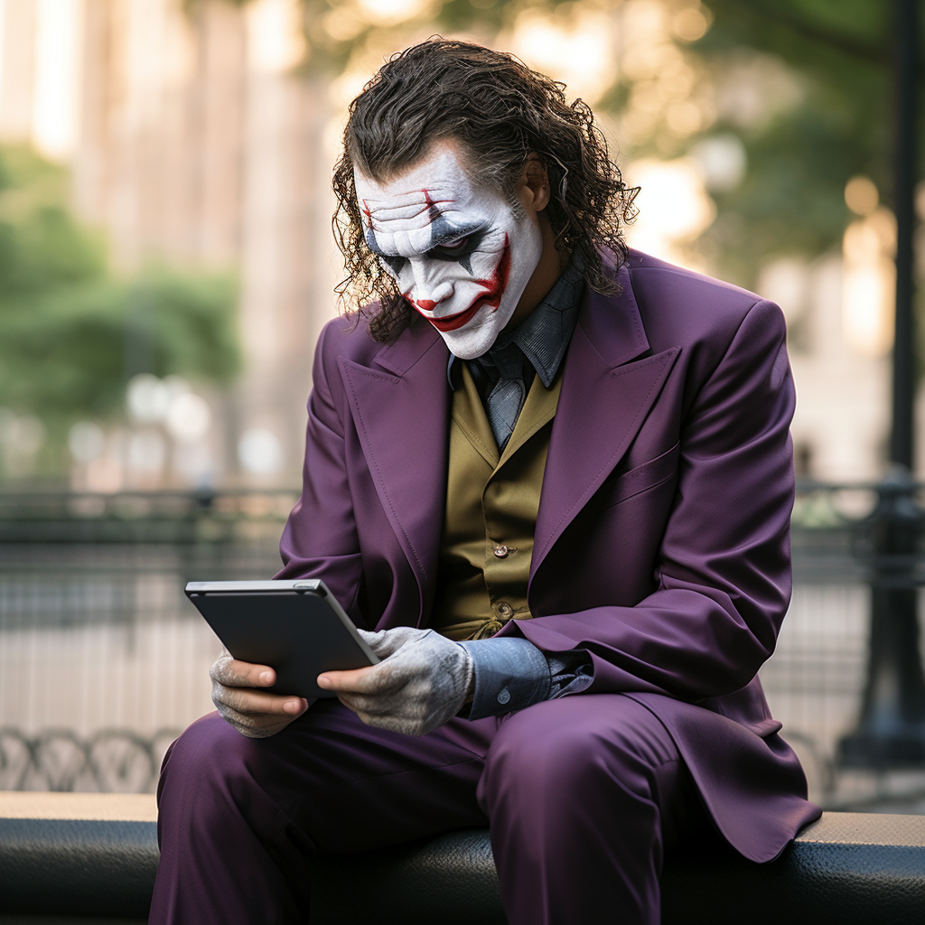 Joker presenting tablet on city bench