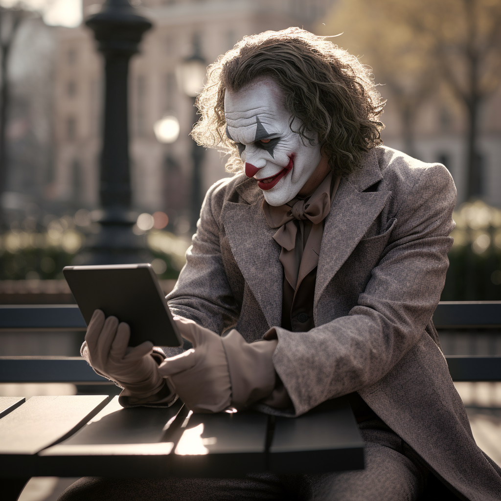 Joker presenting tablet on city bench