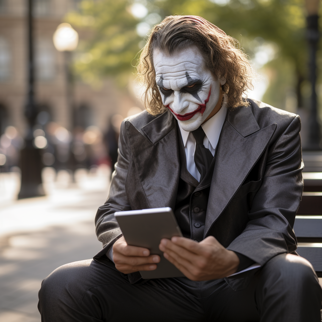 Joker with tablet on city bench