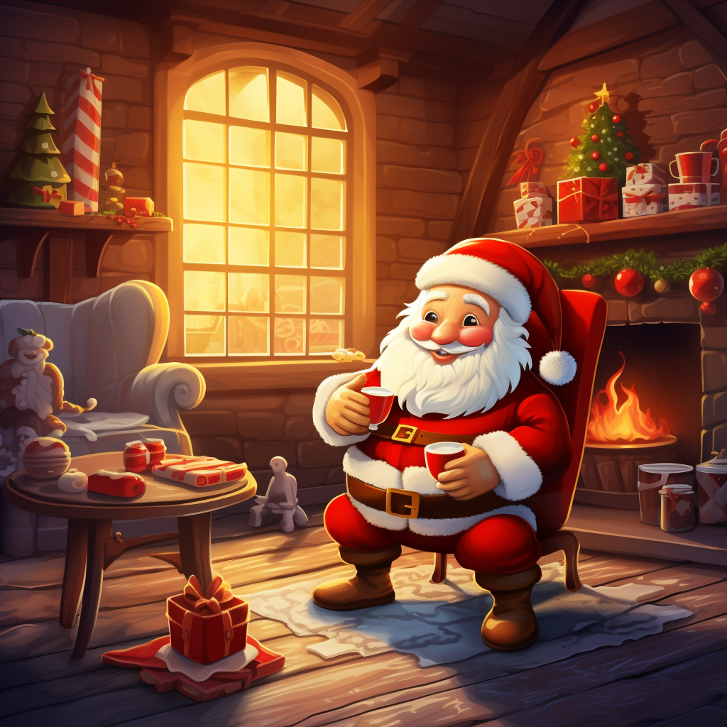 Santa Claus with gifts and festive scene.