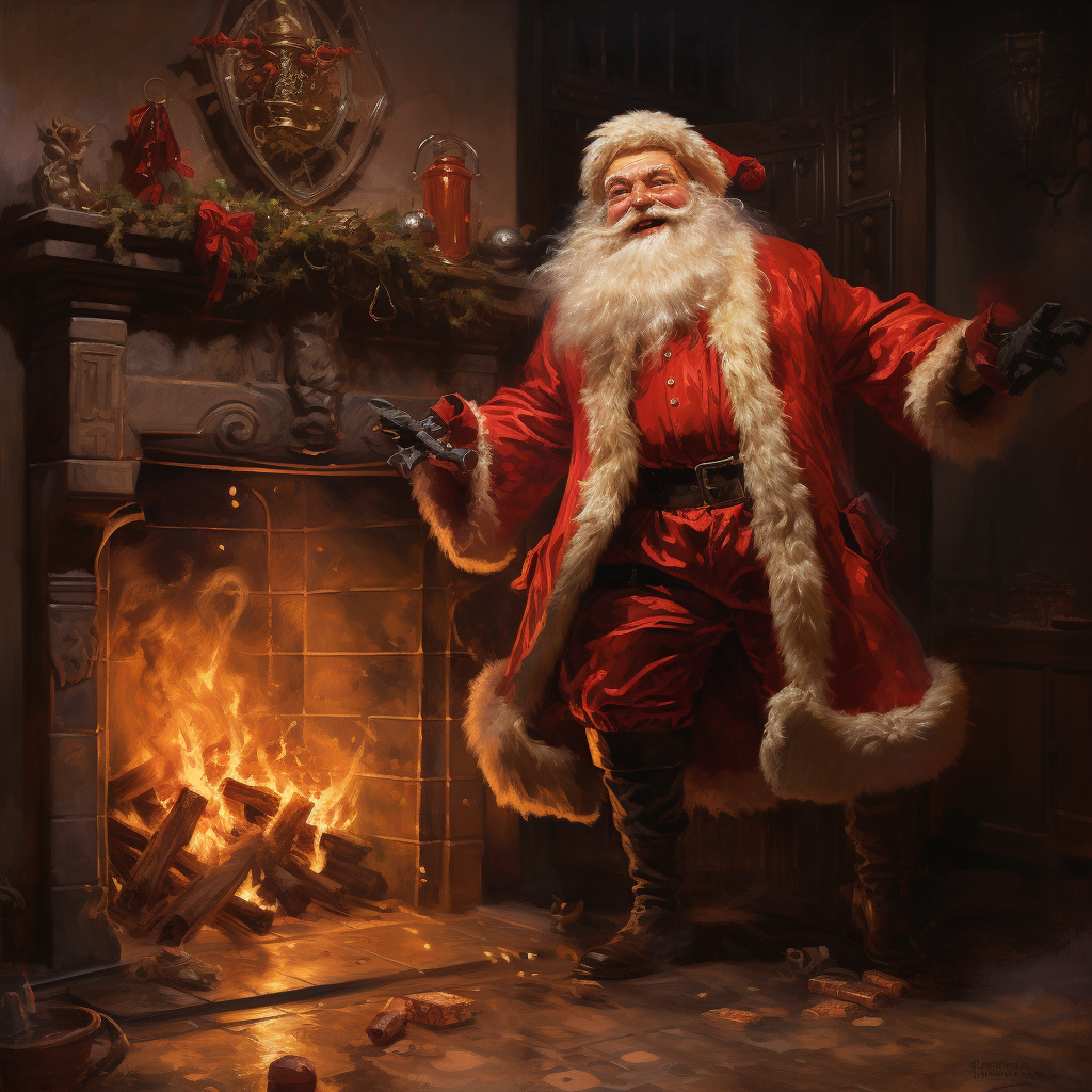 Jolly Santa stepping out of fireplace