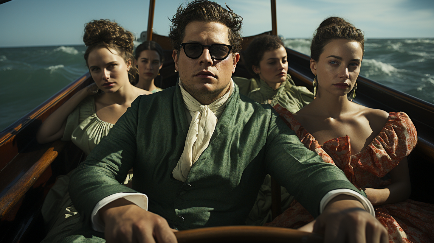 Jonah Hill in a Small Boat with Two Young Women