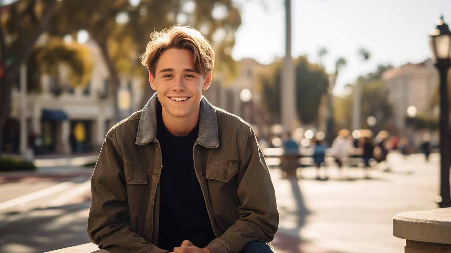 Jonathan Brandis smiling in sunny town square