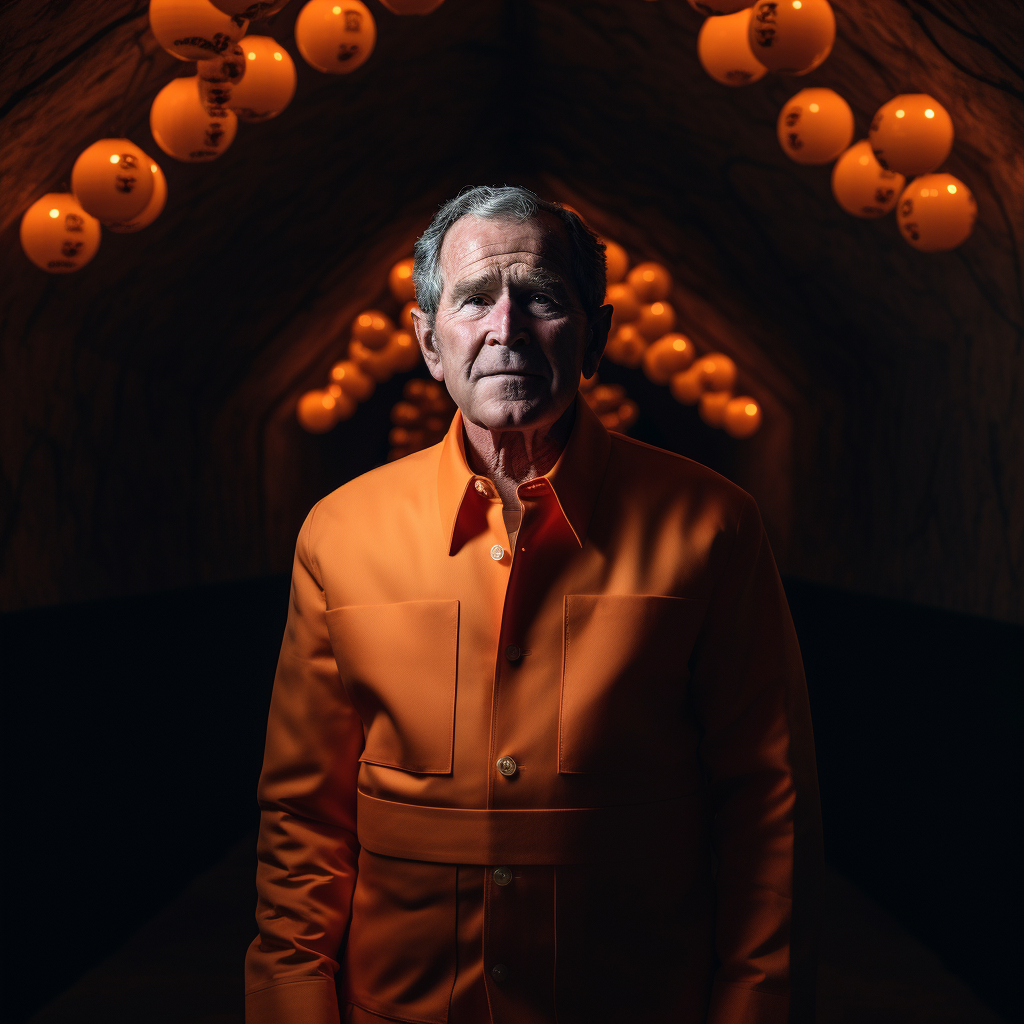 Jorge W. Bush in orange suit looking serious