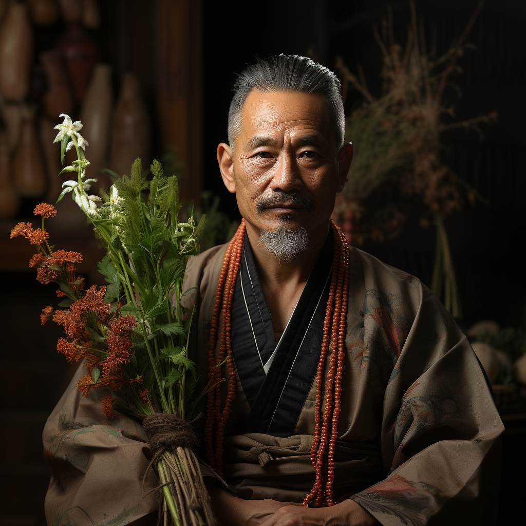 Man in Hanbok carrying herbs in a cloth bag