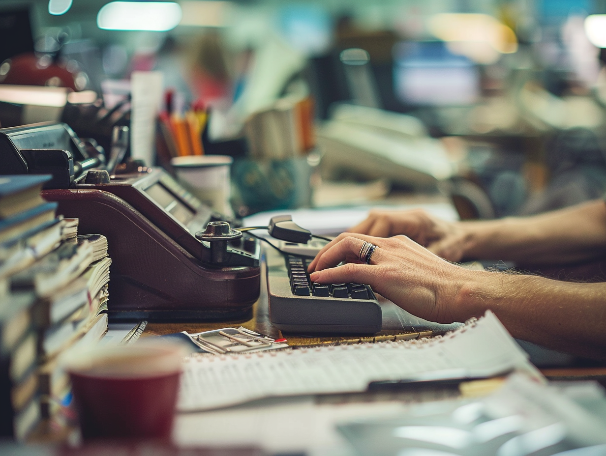 journalist typing newsroom phone coffee