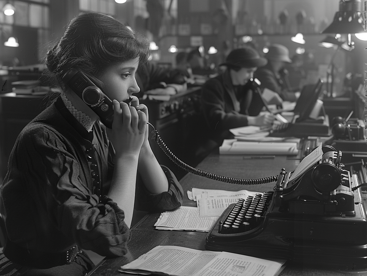 journalist typing busy news room 1920s