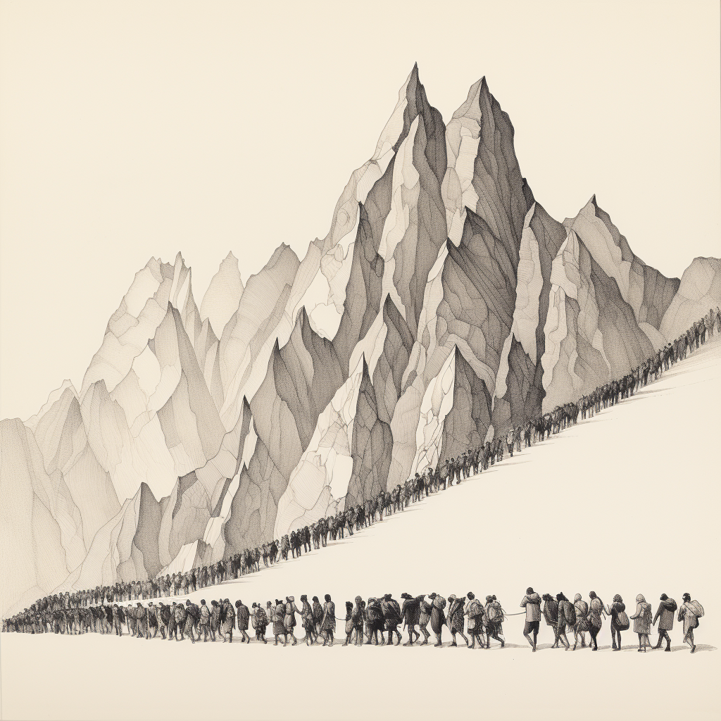 Group of travelers trekking through rugged mountains