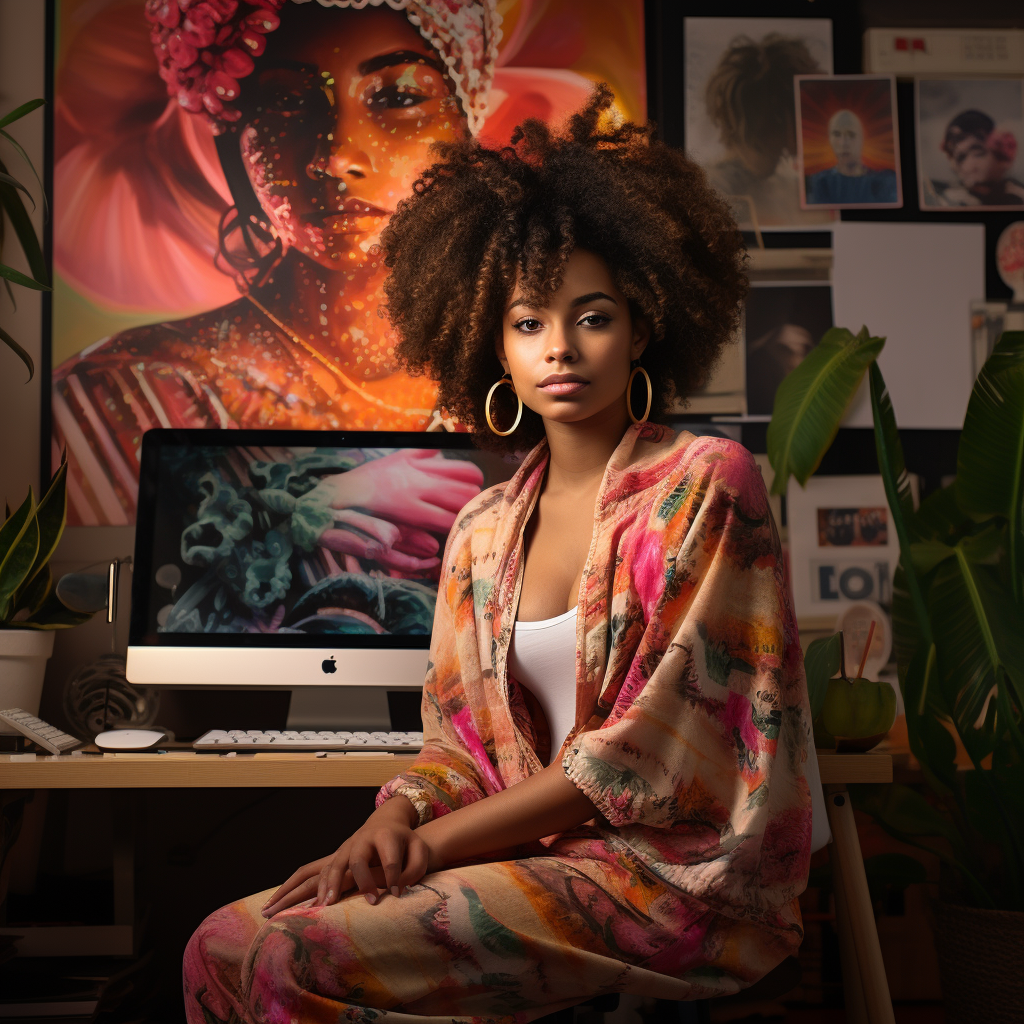 Happy Afroecuadorian Woman at Home with Computer