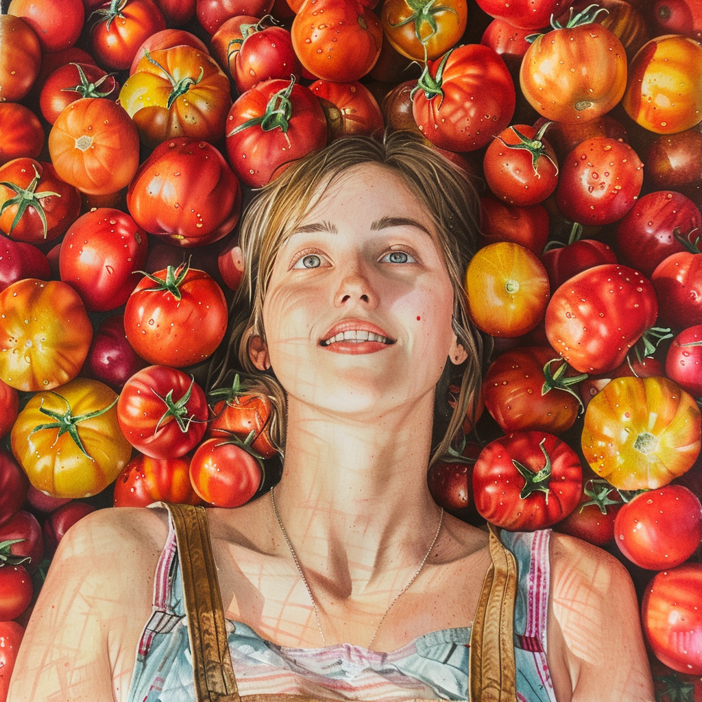 Ripe colorful tomatoes and woman portrait