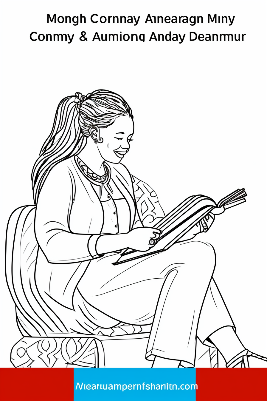 Coloring page of happy woman reading a book