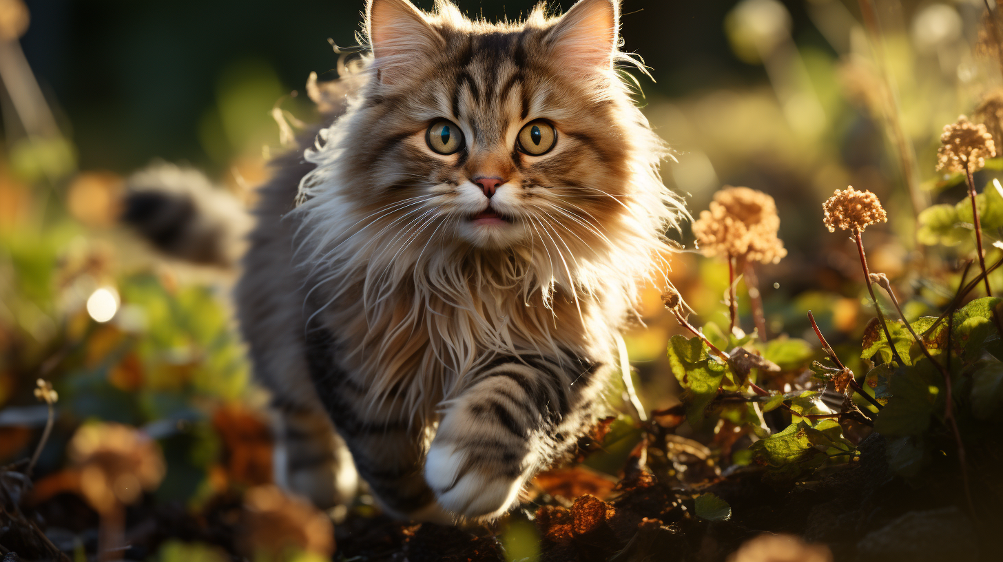 Adorable baby cat playing in morning grass