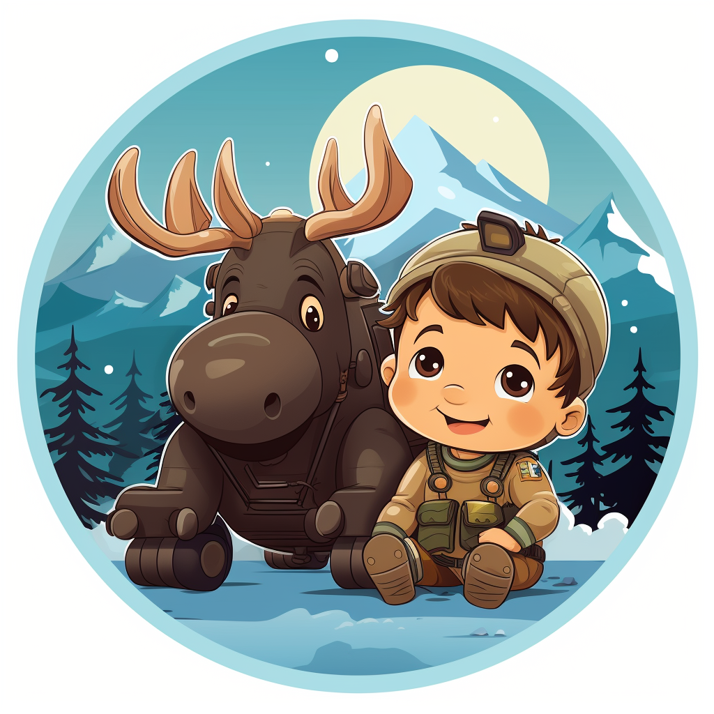 Joyful baby and baby moose sitting on a battle tank