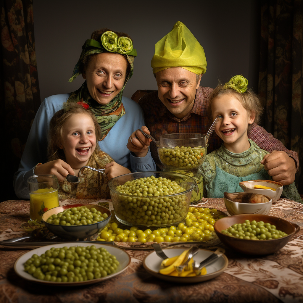 Cheerful family enjoying tasty pea dishes