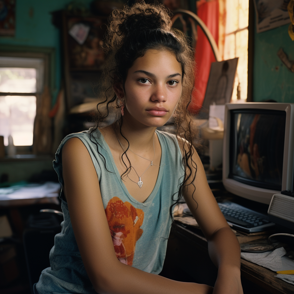 Young Latina woman using computer at home