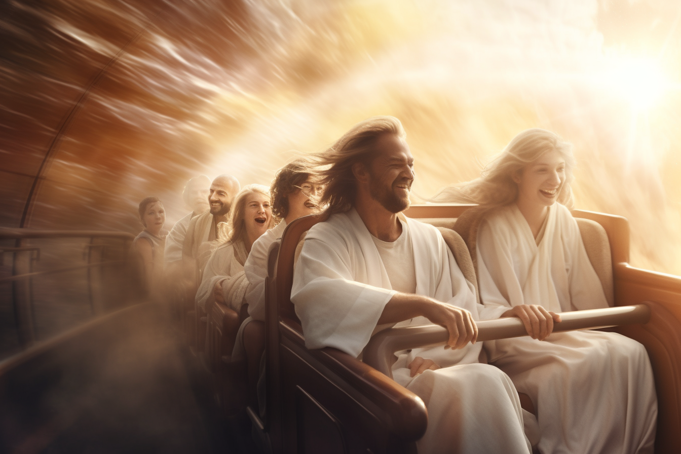 Joyful Jesus riding roller coaster