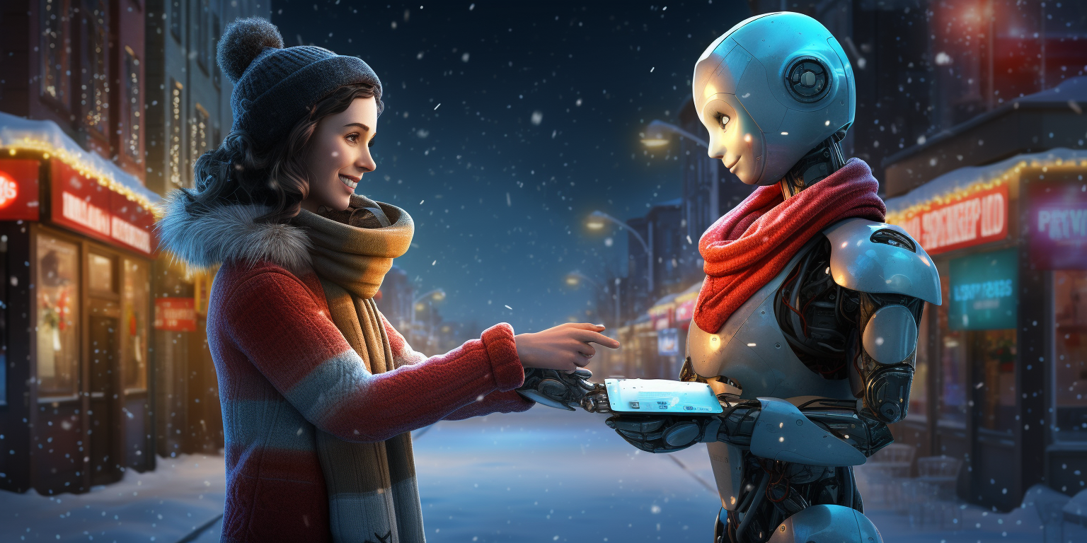 Joyful robot and software developer shaking hands