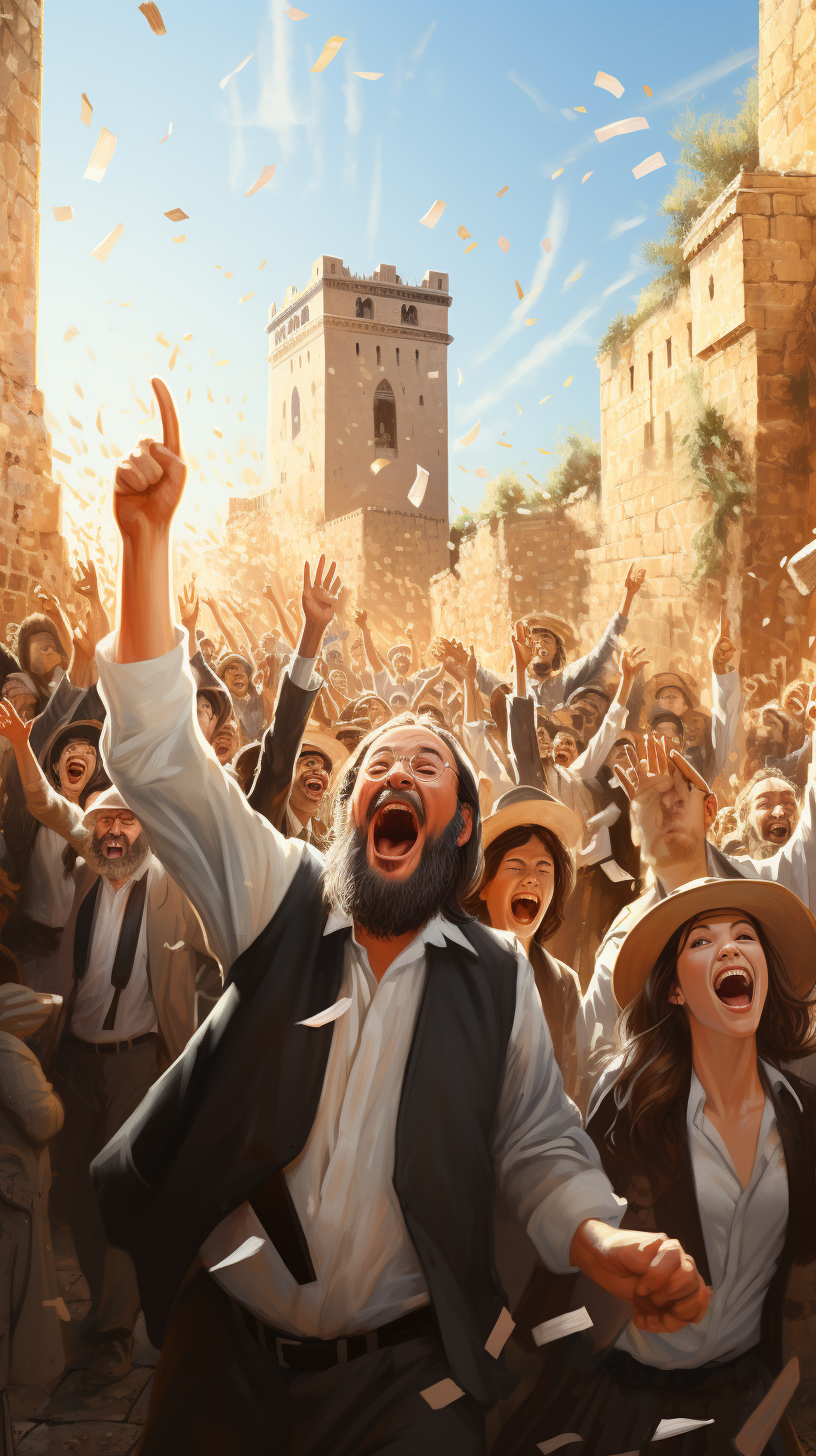 Jubilant Jewish crowd celebrating in Jerusalem