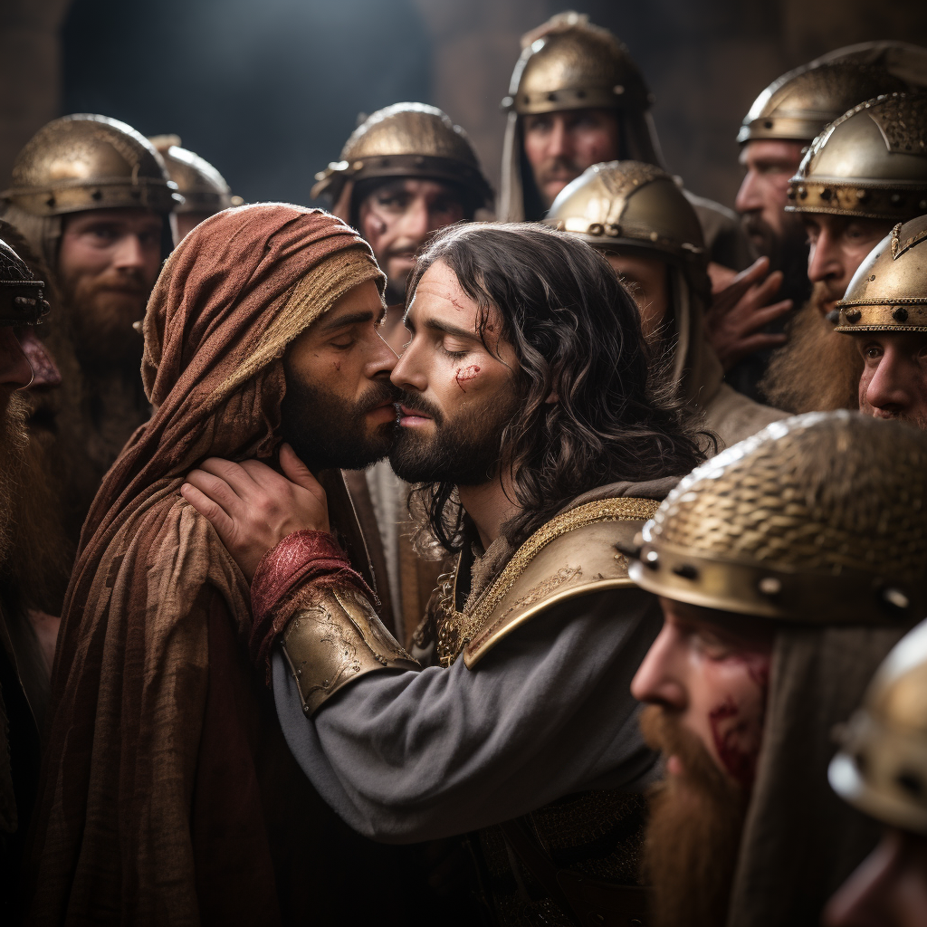 Judas Iscariot delivering tearful kiss to Jesus's forehead