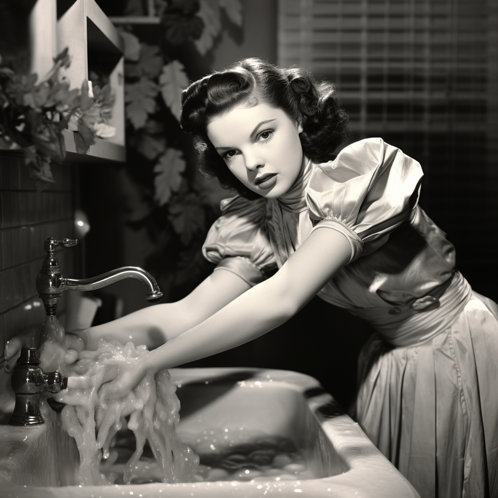 Judy Garland washing dishes in newspaper