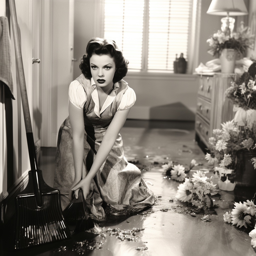 Judy Garland cleaning the floor with a brush