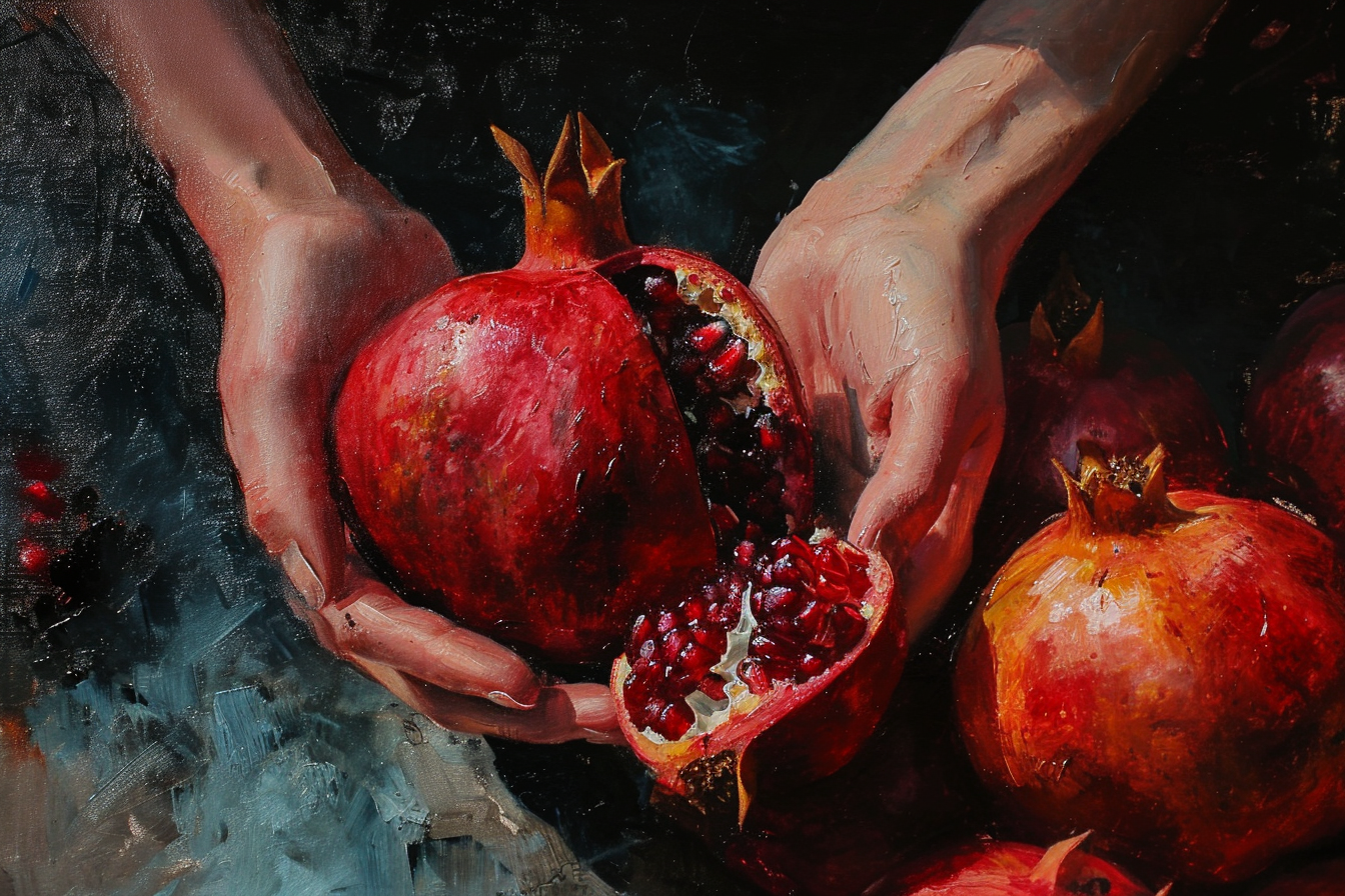 Closeup of Hands in Juicy Pomegranate